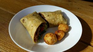 suya burger (wrap instead of bun) at Veg on the Edge in Santa Cruz