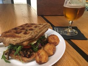 Plantain waffle mushroom burger. Amazingly good! at Veg on the Edge in Santa Cruz