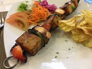 BBQ seitan + tofu skew at Xisko in Guimaraes