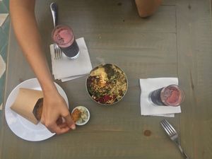 Salad+Falafel+Watermelon juice with algae supplement at Veggie in Casablanca