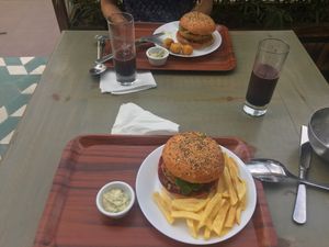 Chickpea burger with croquette+ Quinoa/Soy burger with fries at Veggie in Casablanca