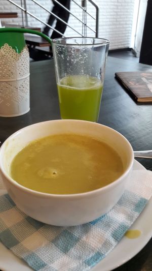 Jus maison et soupe de feves at Veggie in Casablanca