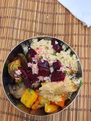 Salad bar with quinoa, lentils, zucchini,  aubergine, carrot, beetroot and hommus at Veggie in Casablanca