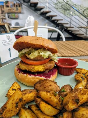 Vegan Ghandi burger with pomme gaufrette at Veggie in Casablanca