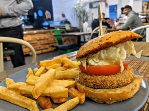 Vegan Moby burger with frite at Veggie in Casablanca