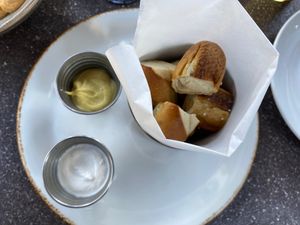 Soft Pretzel Bites with mustard at Jackalope's Bar and Grill in Fish Camp