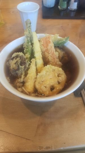 Hot soba with tempura  at Kobayashi Soba in Matsumoto