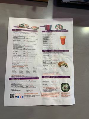 Menu at Vitality Bowls in Arlington