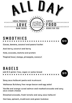 All Day Menu - July 2017 at Sunday Cantina in Waikanae