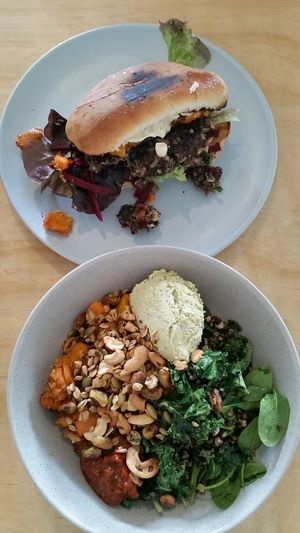Mushroom & Lentil Burger/ Pumpkin & Kumara Fry Vegan Bowl ~ Yum! at Sunday Cantina in Waikanae