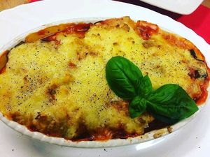 Potato Gratin with ?, ? and saitan-hemp sausages at Fair Liebt in Wiesbaden