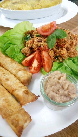 Spinach-feto börek with white bean paste on kisir. at Fair Liebt in Wiesbaden