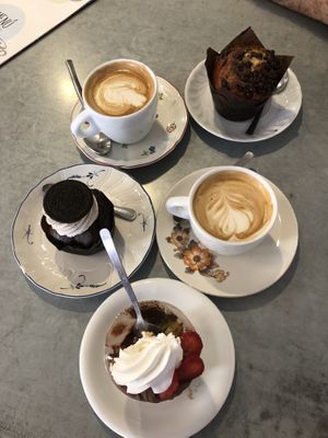 Oreo cupcake, chocolate chip muffin, soy cappuccino and the vegan pot.  at Coccodi il Dolce e il Salato in Cagliari