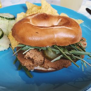 New York Style Pastrami seitan bagel. at  Cafe Banana in Withleigh