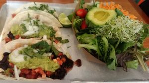 Three vegan tacos and small salad from Bubby's Take Away Kitchen. Ordered with no dressing. Picture by Happy Cow reviewer foodfirst. at Bubby's Take Away Kitchen in Red Hook