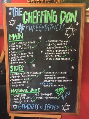 Menu (green checks show what is prepared for the day) at The Cheffing Don in Kingston