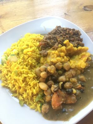 Dahl, broad bean stew, lentils, and turmeric rice at The Cheffing Don in Kingston