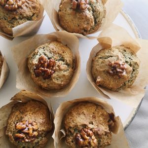 Bruffins! Banana bread and walnut muffins topped with a candied walnut and salted caramel sauce.  at Lone Wolf Cafe in Coggeshall