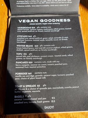 Vegan menu at Addington Coffee Co-op in Christchurch