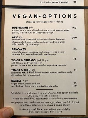  vegan menu as of march 2020 at Addington Coffee Co-op in Christchurch