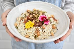 Chia + Coconut Porridge with Spiced Rhubarb, Apple & Quinoa Crunch at Nude Sisters Whole Food Kitchen in Gold Coast