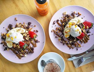 Vegan Choc Chip Pancakes  at Nude Sisters Whole Food Kitchen in Gold Coast