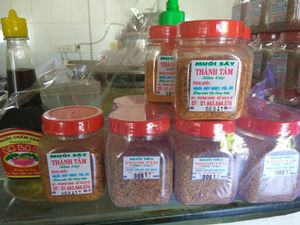 some vegan spices for sale: looks like the ingredients translate as Salt, flour, sugar, garlic, and chili at Nhu Y in Soc Trang