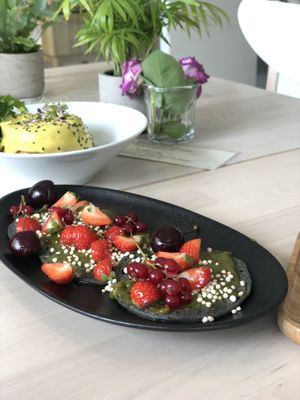 Charcoal Sweet Matcha Pancakes  at Alive in Geneva