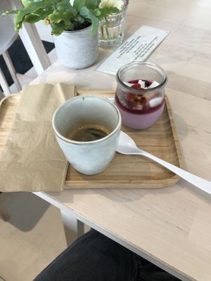 Parfait with fruit and an espresso  at Alive in Geneva