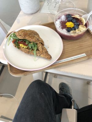 Croissant scramble sandwich and fruit and yogurt cup  at Alive in Geneva