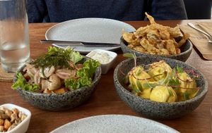 Trio of appetizers with ceviche, tempura, and creamy potatoes were so yummy! at Veda Restaurante in Miraflores