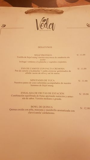 breakfast menu at Veda Restaurante in Miraflores