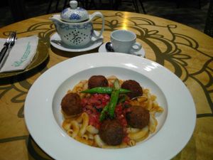 rice pasta with albondigas and asparagus at Veda Restaurante in Miraflores