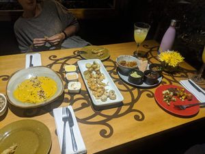 Aji de gallina, tempura appetizer, tacos at Veda Restaurante in Miraflores