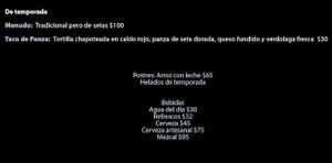 Menu as of Nov 2022  at Malportaco in Mexico City