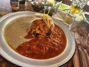 Aubergine stack - layers of soya meat and aubergine with delicious sauces  at Casa Tequila in Cancun