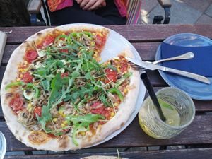 Vegan pizza and homemade lemonade at Chili  in Jesenice
