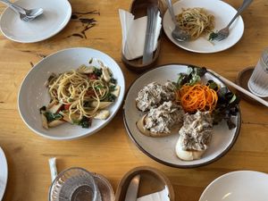 Jackfruit tuna melt and spaghetti with spicy mushrooms  at Hua Hin Vegan Cafe and Wine in Hua Hin