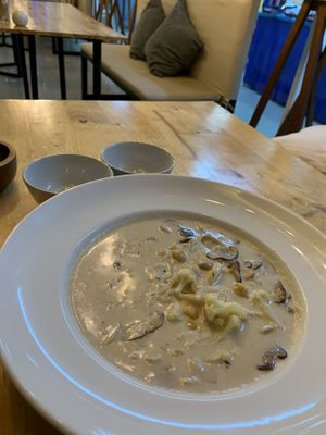 Creamy cauliflower and mushroom soup  at Hua Hin Vegan Cafe and Wine in Hua Hin