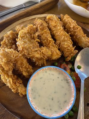 Tofu and pumpkin things. Tasty but weird, I think they’re coated in cornflakes    at Hua Hin Vegan Cafe and Wine in Hua Hin