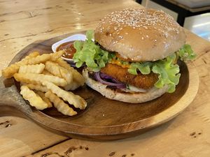 Yellow tofu burger with spicy mayo, 180 baht  at Hua Hin Vegan Cafe and Wine in Hua Hin