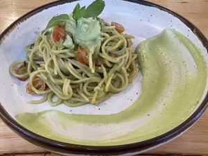 Creamy avocado pasta, 210 baht  at Hua Hin Vegan Cafe and Wine in Hua Hin