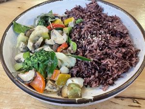 Stir-fried green curry with rice, 120 baht  at Hua Hin Vegan Cafe and Wine in Hua Hin