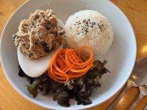 jackfruit tuna (must try!!!) with rice  at Hua Hin Vegan Cafe and Wine in Hua Hin
