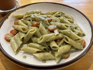 Vegan penne pasta with pesto sauce, cashew and basil, 175 baht  at Hua Hin Vegan Cafe and Wine in Hua Hin