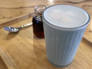 Blue latte butterfly pea, 100 baht  at Hua Hin Vegan Cafe and Wine in Hua Hin