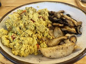 Tofu scramble with roasted tomatoes and roasted mushrooms, 150 baht  at Hua Hin Vegan Cafe and Wine in Hua Hin