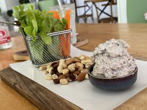 Jackfruit tuna dip with vegetables, 160 baht  at Hua Hin Vegan Cafe and Wine in Hua Hin