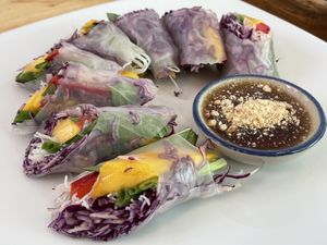 Mango spring rolls with almond butter dipping sauce, 160 baht  at Hua Hin Vegan Cafe and Wine in Hua Hin