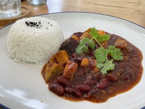 Mixed red curry with chickpeas, red beans and sweet potato over rice, 170 baht  at Hua Hin Vegan Cafe and Wine in Hua Hin